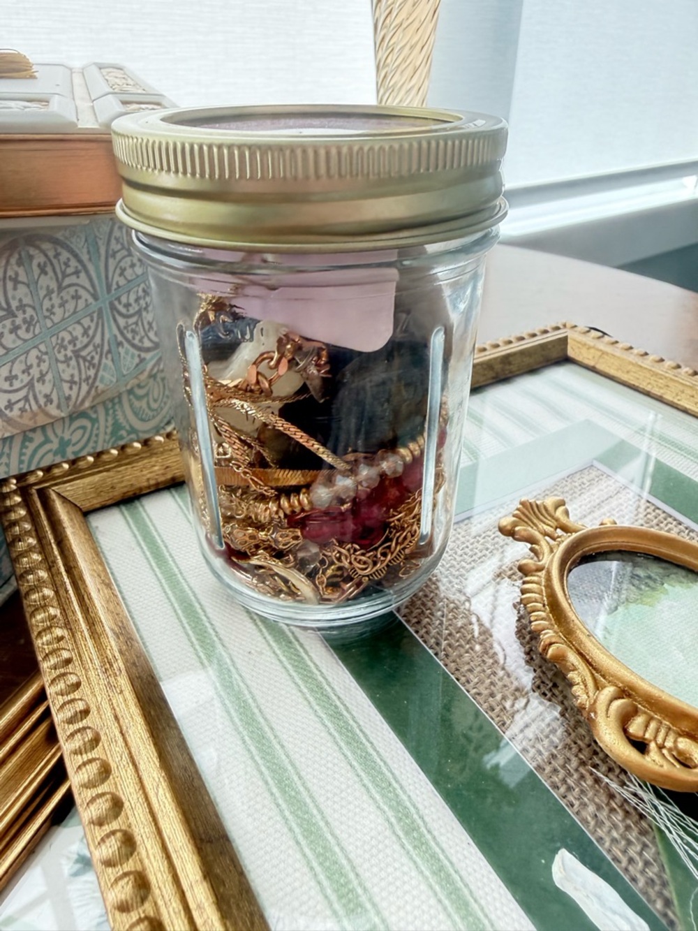 Jar of necklaces, bracelets, earrings, watch jar of surprises.